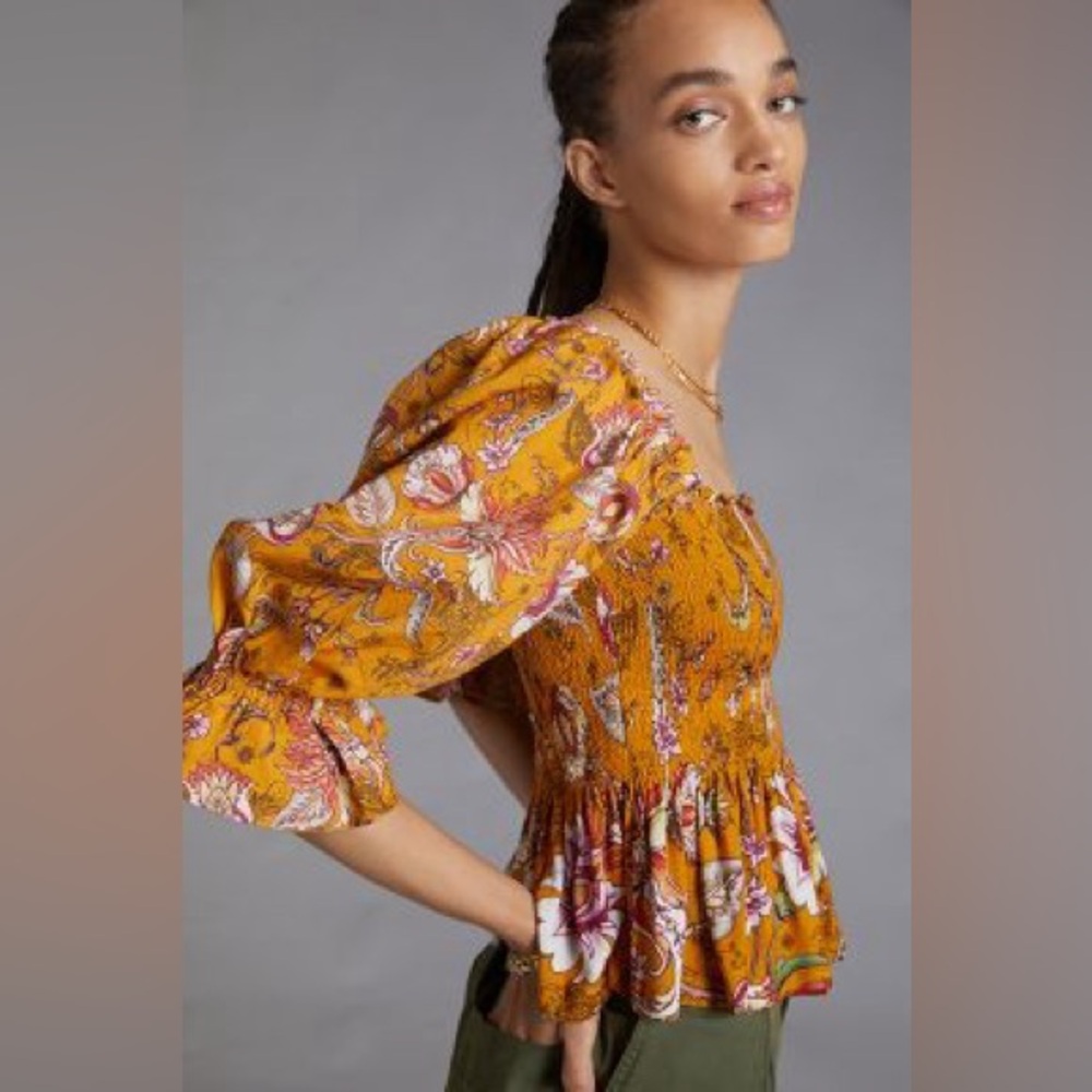 ANTHROPOLOGIE SMOCKED SWEETHEART BLOUSE